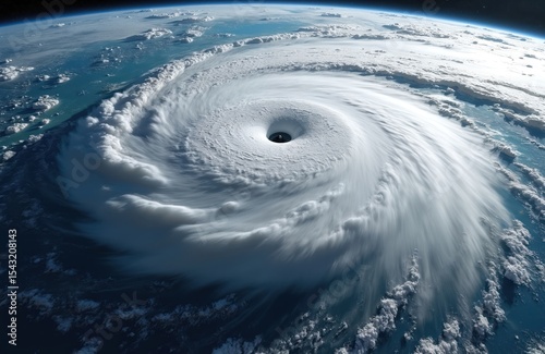 Satellite view of a powerful hurricane from space. Shows the eye spiral bands of this weather phenomenon over ocean and planet Earth. Extreme storm system, natural disaster, climate change impact.
