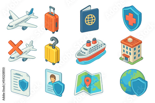 Travel and safety icons featuring transportation and security elements