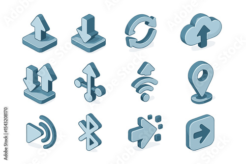 Metallic 3d technology icons: upload, download, sync, wi-fi, bluetooth