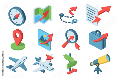 Isometric travel icons featuring compass, map, airplane, telescope elements