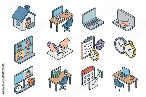 Remote work icons: home office, technology, video conferencing, productivity tools