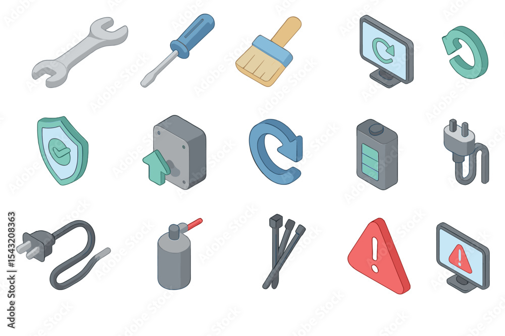 Colorful 3d icons of tools and technology on dark background