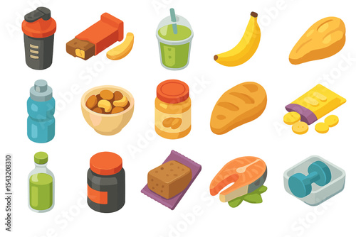 Colorful array of fitness foods and drinks in grid layout