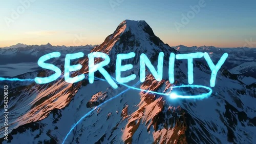 Aerial view of snowy mountain range at sunset, illuminated word 