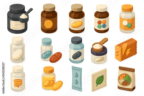 Assorted vitamin and supplement bottles with capsules and packets