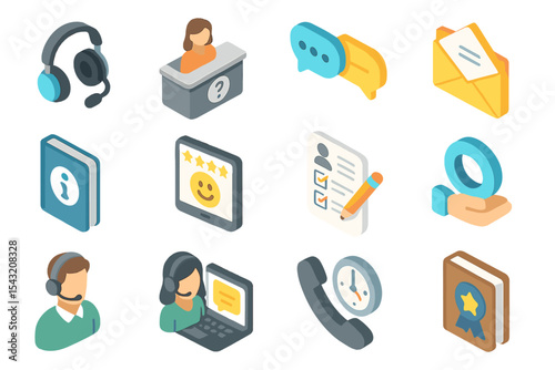 Isometric icons of customer service and communication elements