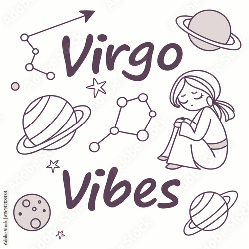 Virgo vibes zodiac sign cute girl planets stars transparent background