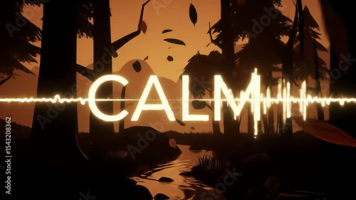 Serene sunset forest scene with calm word overlay and audio waveform, representing tranquility, peace, and nature's serenity