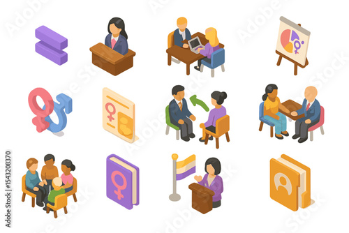 Isometric icons of gender and business meetings with diverse characters