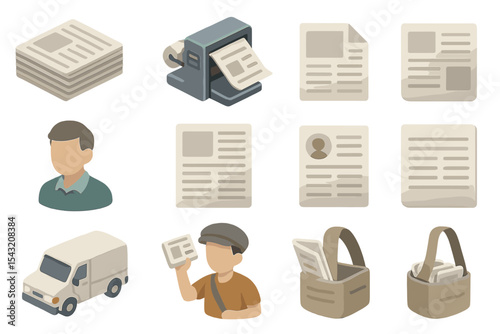 Paper delivery and printing icons set with male courier and documents