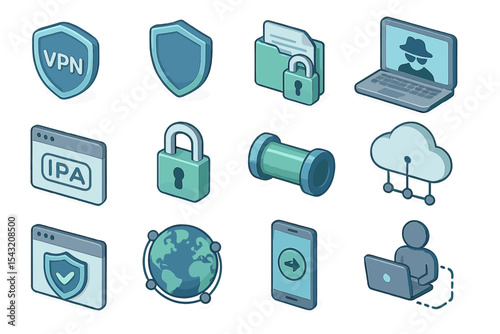 Cybersecurity icons: vpn, lock, cloud, and user privacy design elements