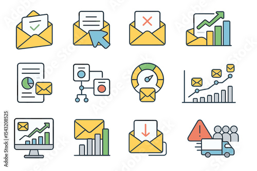 Email and data management icons featuring graphs and envelopes