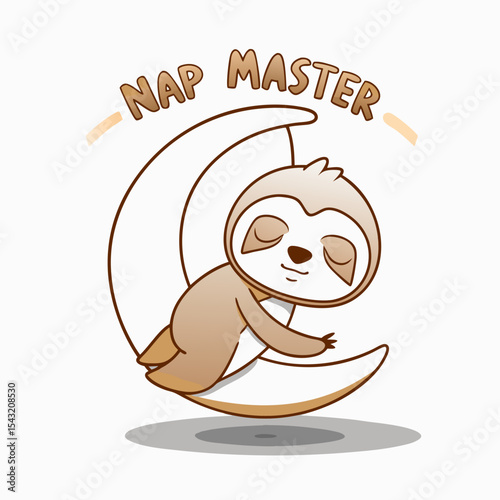 Adorable sloth napping on crescent moon cute cartoon illustration