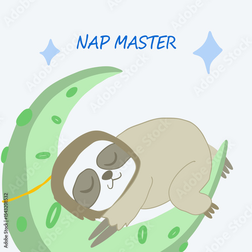 Adorable sloth napping peacefully on a crescent moon cute cartoon illustration