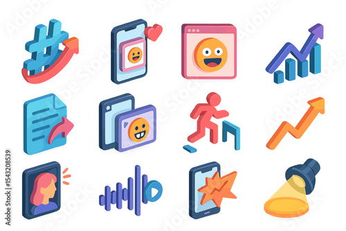 Colorful isometric icons depicting various digital and business concepts