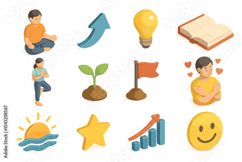 Colorful 3d icons of meditation, growth, and emotions