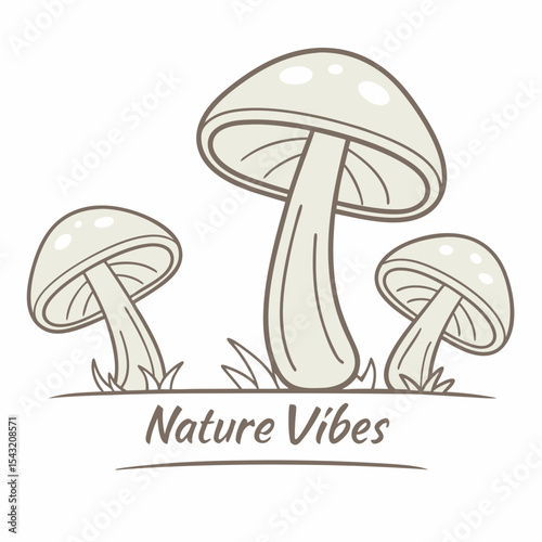 Three cute cartoon mushrooms nature vibes illustration