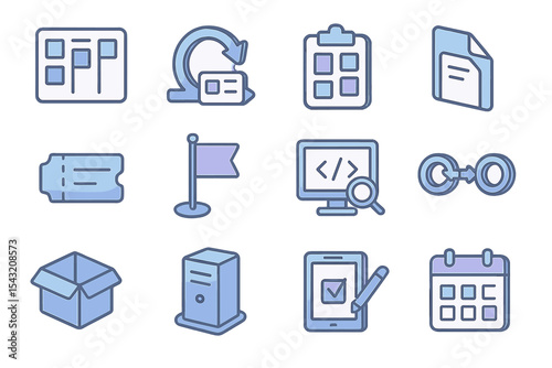 Set of blue and purple business icons on a gradient background