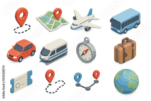 Transport icons: plane, bus, train, car, map, compass, luggage, globe