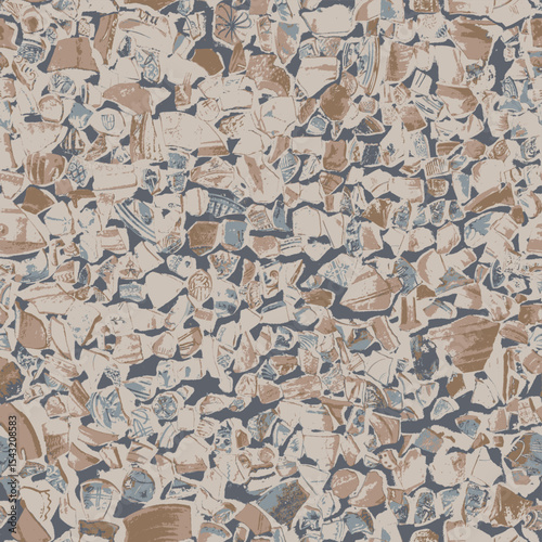 Seamless background or texture with fragments of ancient clay and porcelain plates, cups, amphoras with national folk ornaments. Fabric, wrapping paper, wallpaper, ceramic tiles. No AI used
