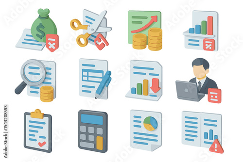 Business and finance icons set with graphs, documents, and calculations