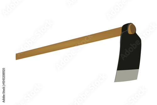 Farming hoe with long wooden handle and steel blade illustration