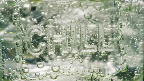 Close-up of bubbles in liquid, revealing embossed 