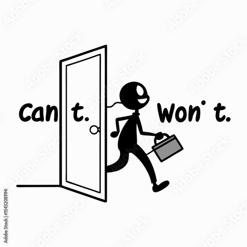 Businessman exiting door cant won't  motivational concept illustration