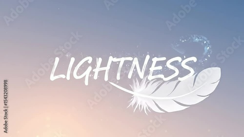 White feather floats across pastel sky,  word 