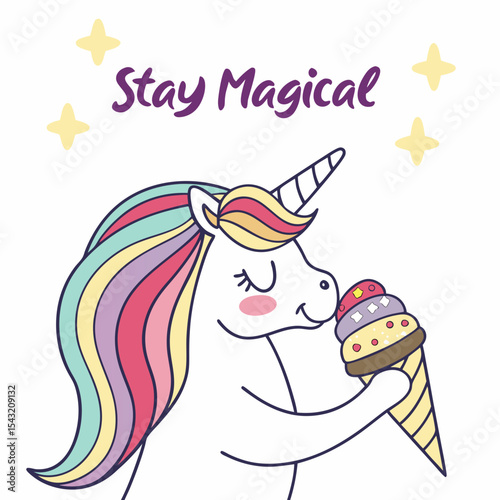 Cute unicorn eating rainbow ice cream stay magical