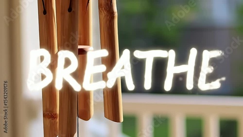 Bamboo wind chime close-up, word 