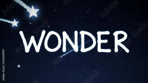 Night sky, stars, shooting stars, word wonder appearing, celestial event, evokes awe, mystery, cosmic wonder