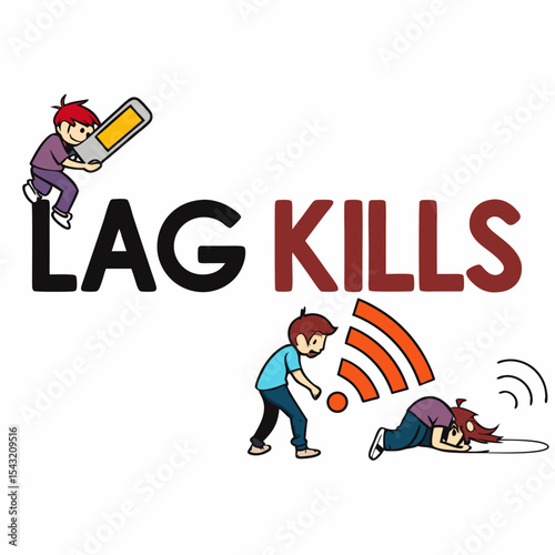 Lag kills funny cartoon illustration, transparent background, ready for design projects