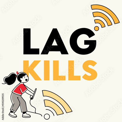 Girl fighting internet lag, wifi problems, slow connection, design element