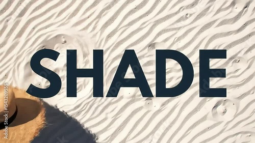 Sand texture, straw hats, shadows create word 