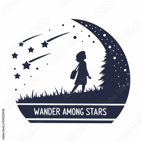 Girl silhouette walking among stars crescent moon night sky design element