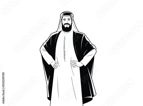 Arab Man in Traditional Thobe and Headscarf Standing Proudly, silhouette