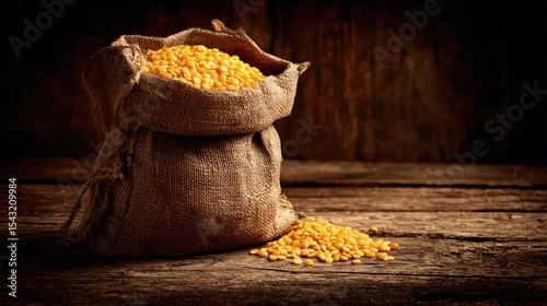 A burlap sack filled with yellow lentils sits on a rustic wooden surface with some lentils scattered beside it