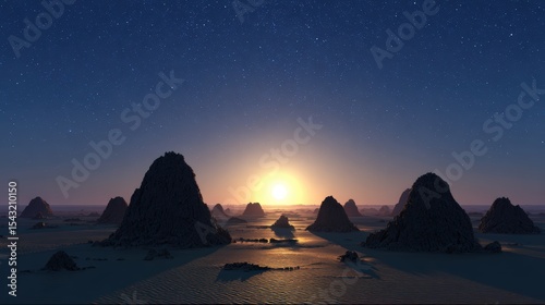 A serene desert landscape at dusk, featuring rocky formations under a starry sky as the sun sets on the horizon