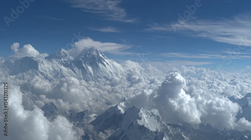 Snow-capped mountain peaks rise above thick clouds under a bright blue sky, creating a breathtaking and majestic natural landscape