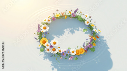 flower wreath floating on river at midsummer festival in sweden, summer solstice day, celtic tradition, june 20, water