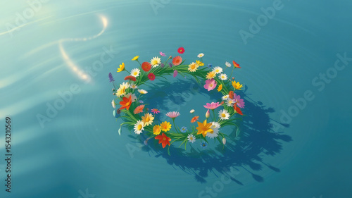flower wreath floating on river at midsummer festival in sweden, summer solstice day, celtic tradition, june 20, water