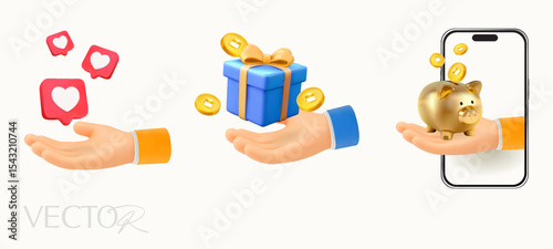 3d hand holding hearts, gift box and piggy bank with coins, isolated on white background. 3d hand icon in vector. Vector illustration