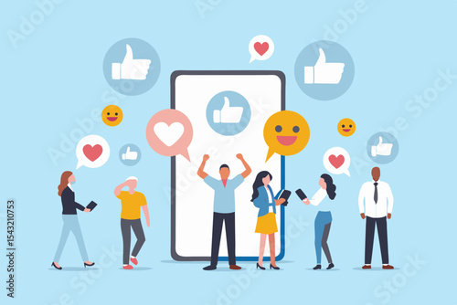 Social Media Engagement Illustration with Diverse People and Mobile Phone Likes Hearts and Emoji Icons for Online Marketing