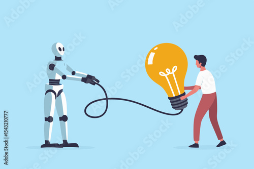 Human and Robot Collaboration for Innovation Man and Robot Holding a Lightbulb Together Artificial Intelligence and Human Partnership