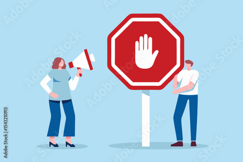 Woman with Megaphone and Man by Stop Sign Vector Illustration for Protest Restriction or Warning Message Flat Design
