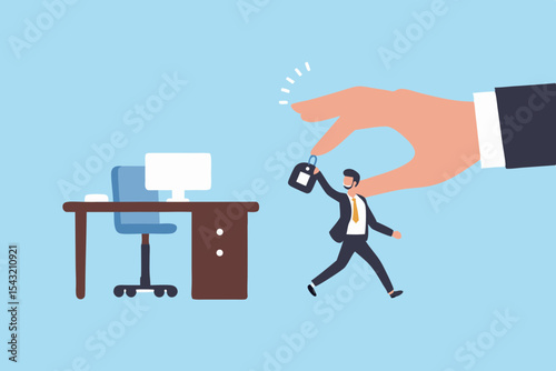 Leaving the Workplace A Giant Hand Picks Up a Businessman Who is Leaving His Desk Job for New Opportunities