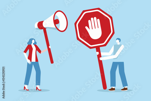 Protest Illustration with Megaphone and Stop Sign Demonstrators Holding Signs Social Activism Vector Art Movement for Change Blue Background Advocacy