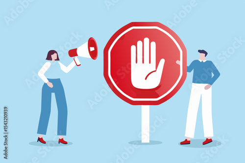 Stop Announcement with Megaphone and Sign Flat Design Vector Illustration Business Communication Warning Message Restriction Prohibition Control Prevention