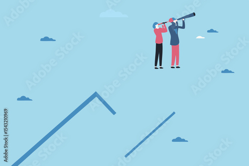Business Vision and Foresight Two People Looking Through Telescopes Towards Future Opportunities and Growth Minimalist Flat Vector Illustration
